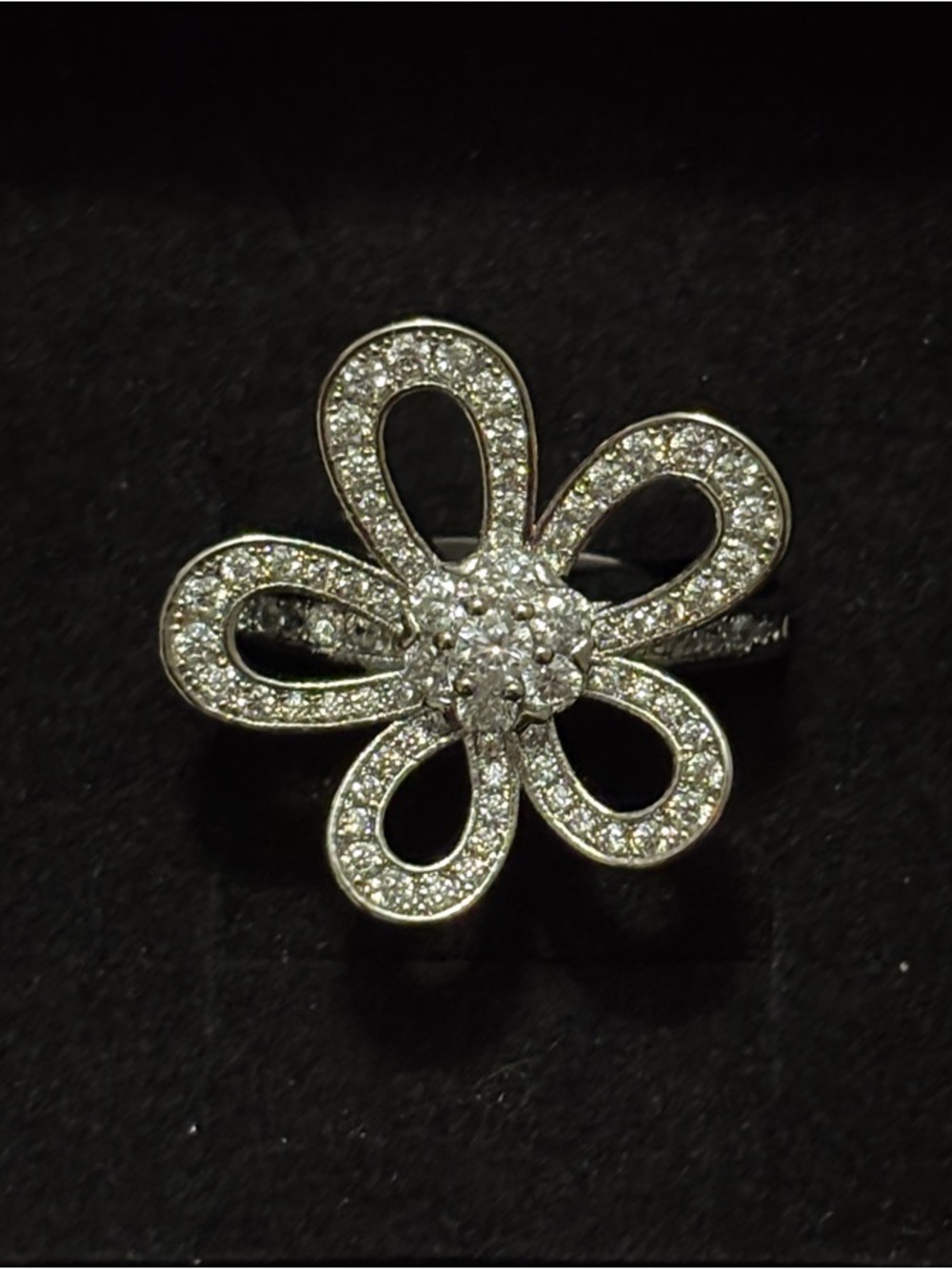 Anthropologie Silver & Diamond Flower Cocktail Ring